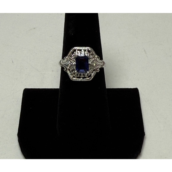 14K Art Deco Style White Gold Lab Created Blue Sapphire Ring 3.24grams Size 6.5 - Picture 2 of 9